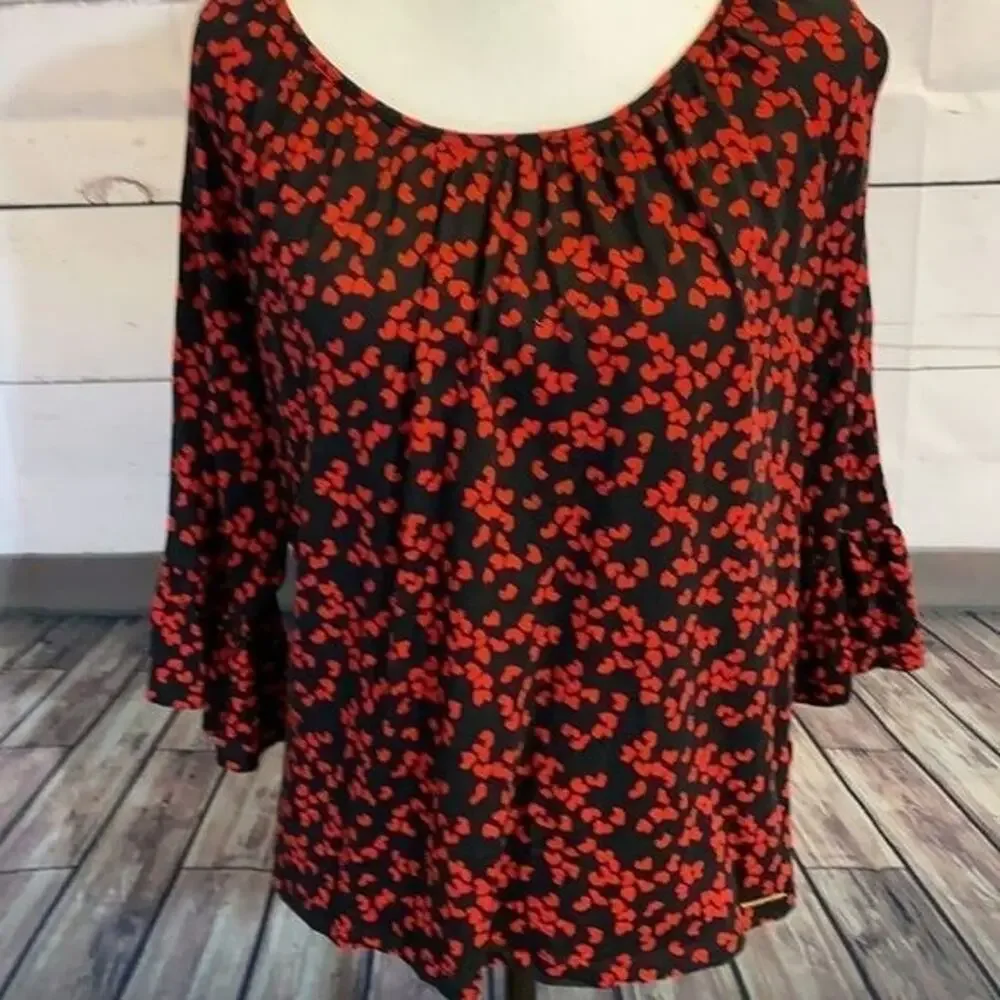 Michael Kors Shirt Womens Large Black Red Hearts Ruffle‎ Sleeve Popover Romantic